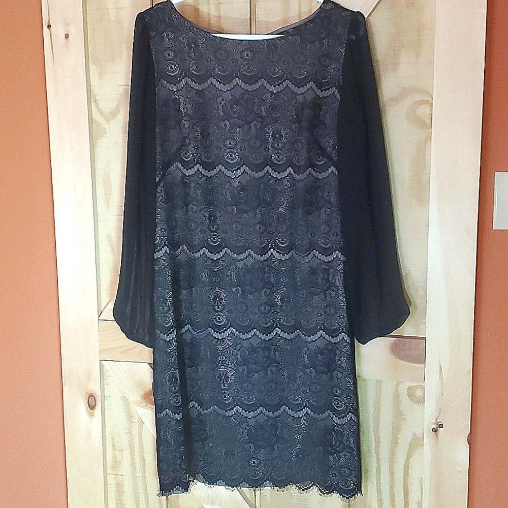 Evan Picone Black Lace Shift Dress with Sheer balloon sleeves, tan liner, sz 12